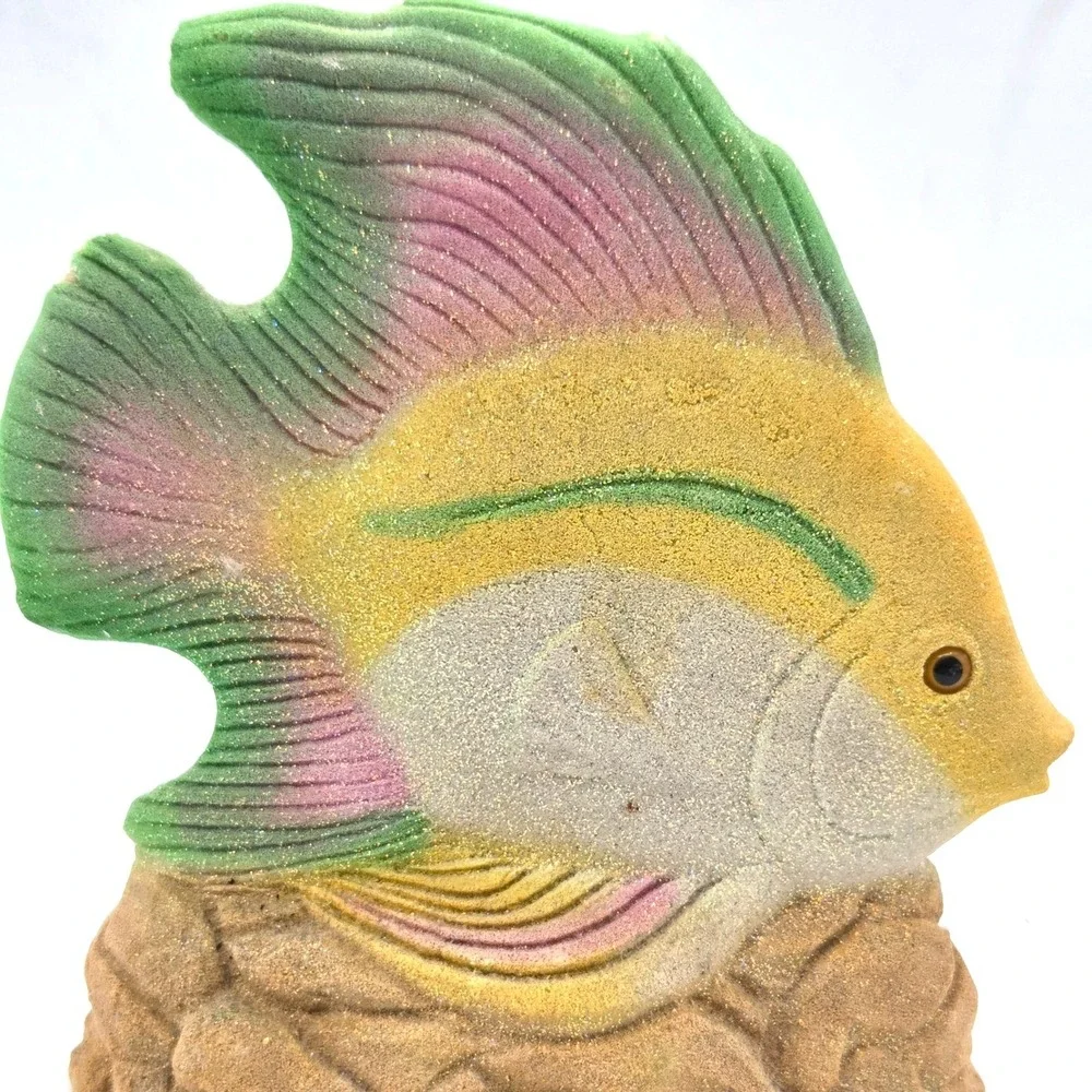 Vintage AMERICAN SAND ART CORP. 1993 GREEN PINK‎ and YELLOW FISH FIGURINE Retro